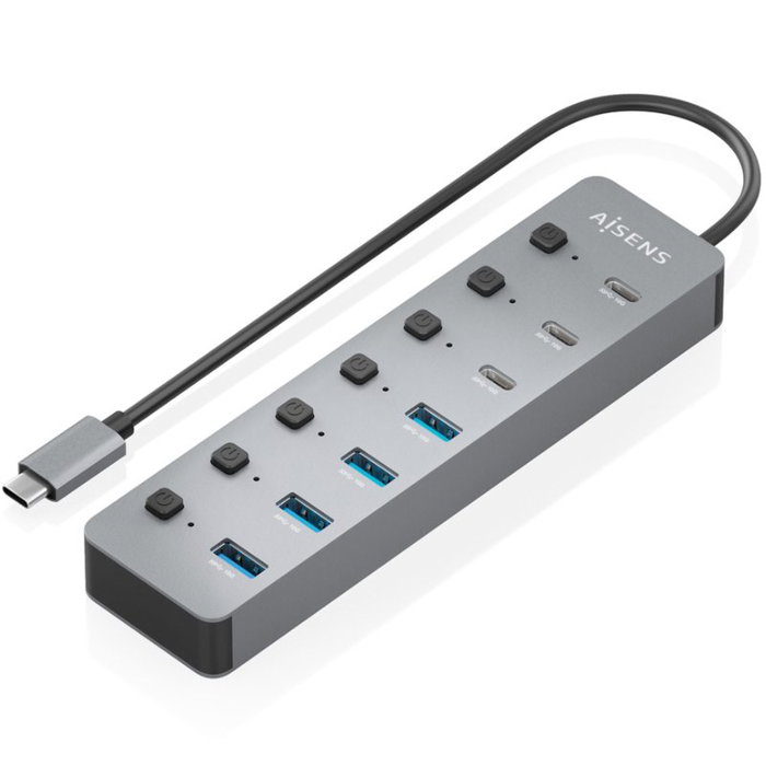 Aisens Hub USB 3.2 Gen2 10G USB-C con 8 puertos y PD 3.0 100W, Gris